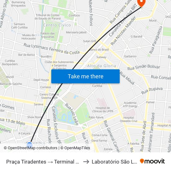 Praça Tiradentes → Terminal Pinhais to Laboratório São Lucas map