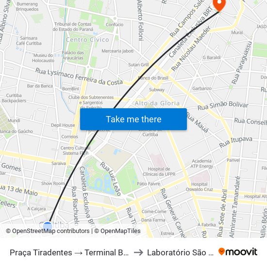 Praça Tiradentes → Terminal Bairro Alto to Laboratório São Lucas map