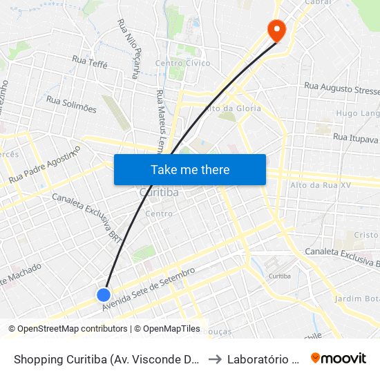 Shopping Curitiba (Av. Visconde De Guarapuava, 3850) to Laboratório São Lucas map