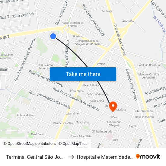 Terminal Central São José Dos Pinhais to Hospital e Maternidade Nova Clínica map