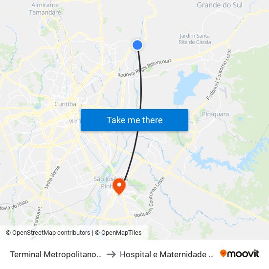 Terminal Metropolitano Guaraituba to Hospital e Maternidade Nova Clínica map