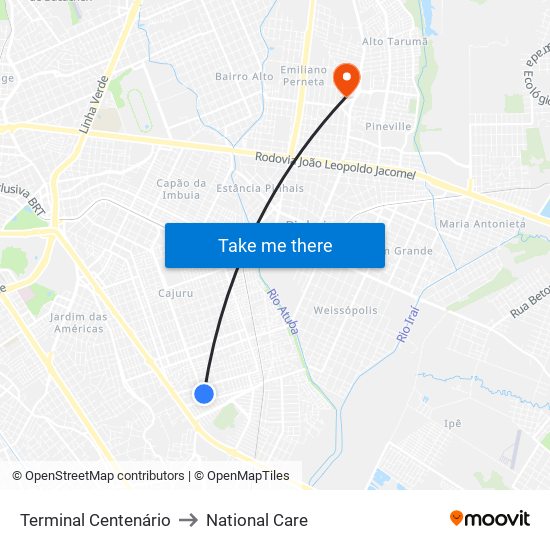 Terminal Centenário to National Care map