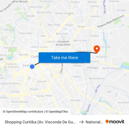 Shopping Curitiba (Av. Visconde De Guarapuava, 3850) to National Care map