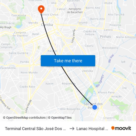 Terminal Central São José Dos Pinhais to Lanac Hospital Pilar map