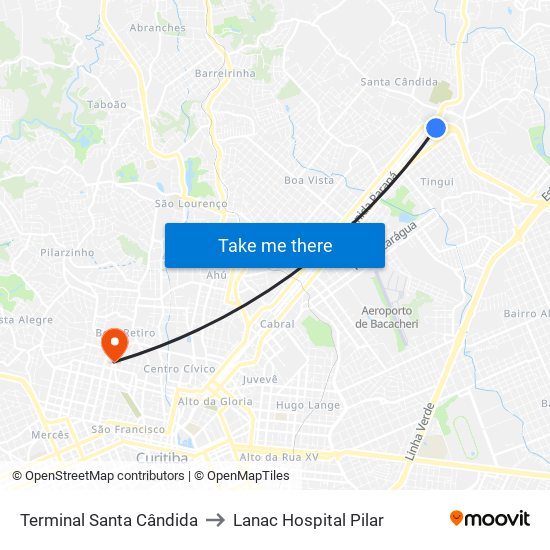 Terminal Santa Cândida to Lanac Hospital Pilar map