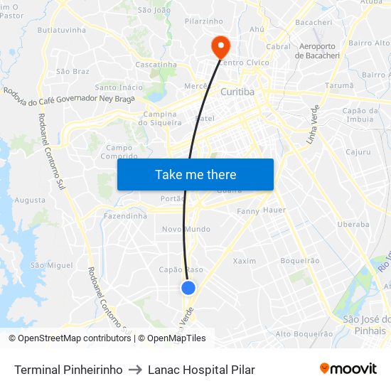 Terminal Pinheirinho to Lanac Hospital Pilar map