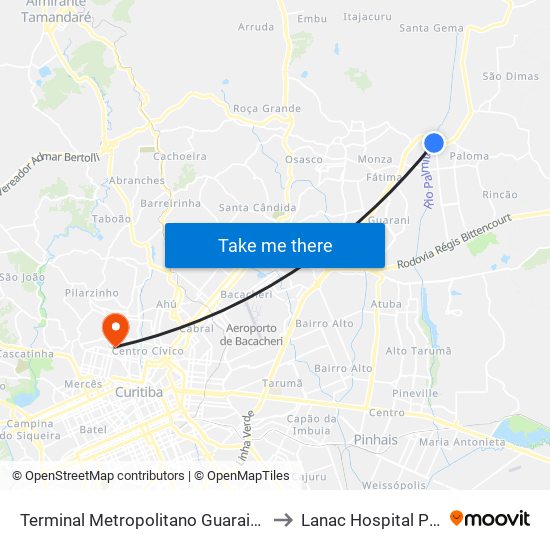 Terminal Metropolitano Guaraituba to Lanac Hospital Pilar map