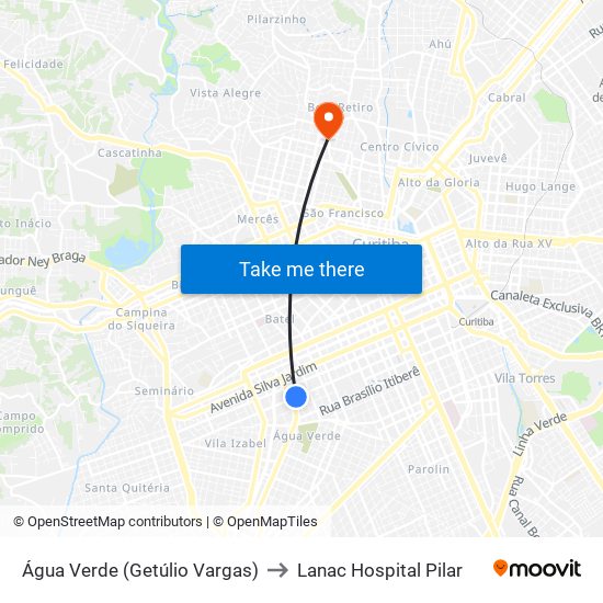 Água Verde (Getúlio Vargas) to Lanac Hospital Pilar map