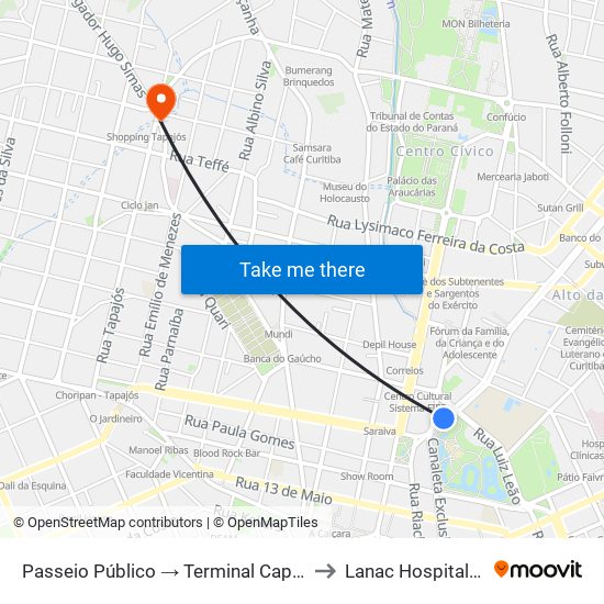 Passeio Público → Terminal Capão Raso to Lanac Hospital Pilar map