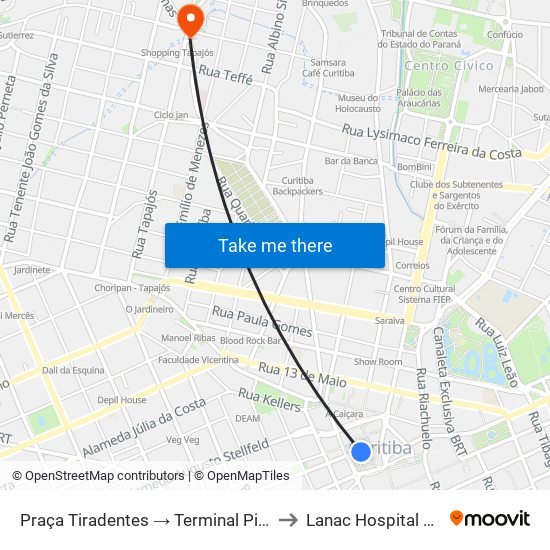 Praça Tiradentes → Terminal Pinhais to Lanac Hospital Pilar map