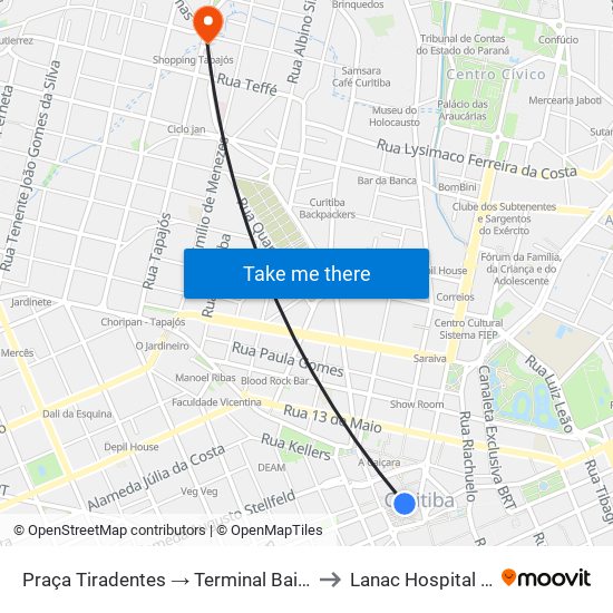 Praça Tiradentes → Terminal Bairro Alto to Lanac Hospital Pilar map