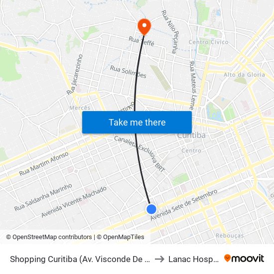 Shopping Curitiba (Av. Visconde De Guarapuava, 3850) to Lanac Hospital Pilar map