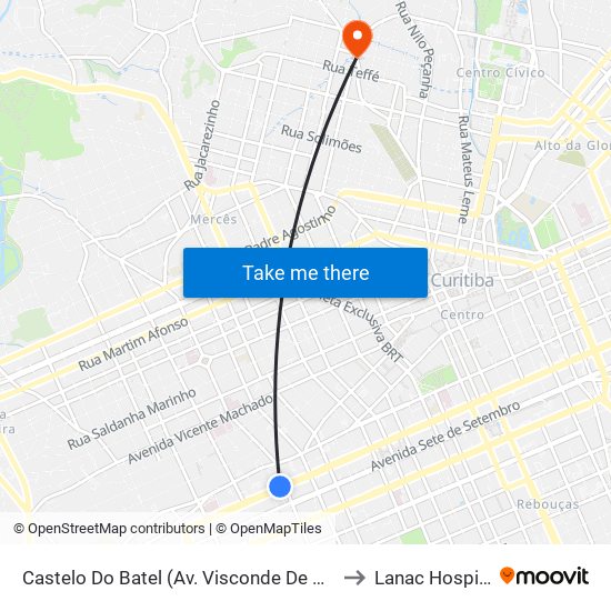 Castelo Do Batel (Av. Visconde De Guarapuava, 4610) to Lanac Hospital Pilar map