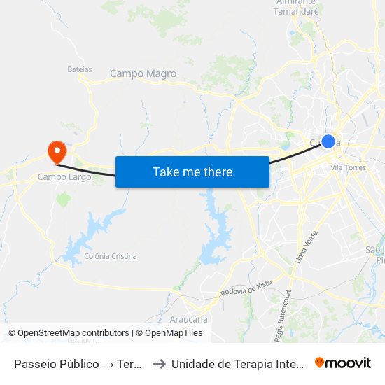 Passeio Público → Terminal Capão Raso to Unidade de Terapia Intensiva 2 - Azul (UTI) map