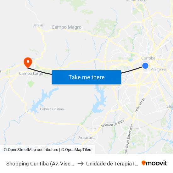 Shopping Curitiba (Av. Visconde De Guarapuava, 3850) to Unidade de Terapia Intensiva 2 - Azul (UTI) map