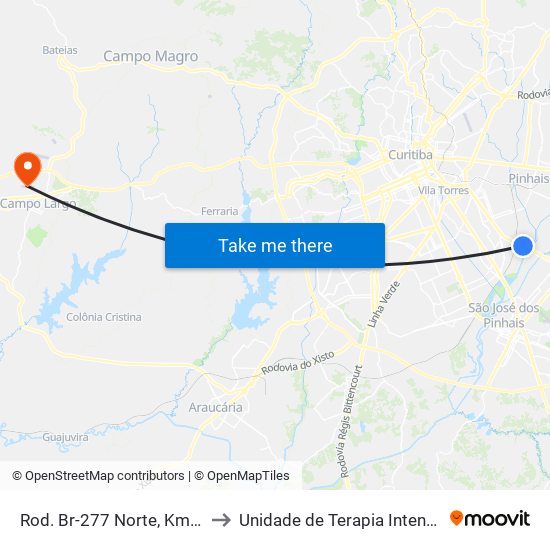 Rod. Br-277 Norte, Km 78 - Peladeiros to Unidade de Terapia Intensiva 2 - Azul (UTI) map