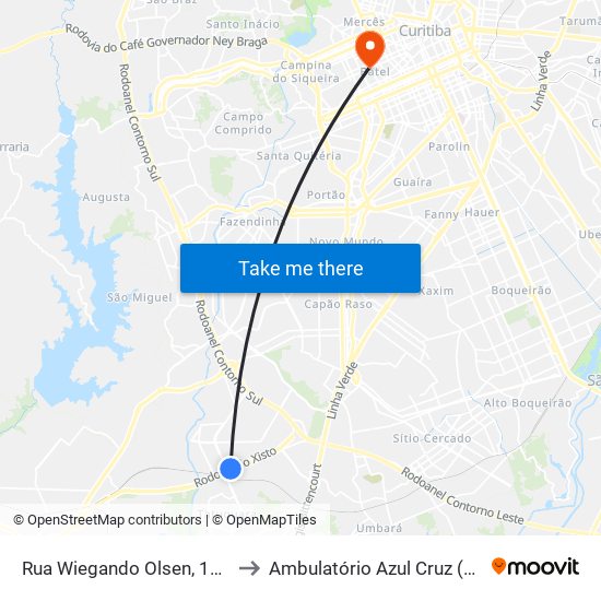 Rua Wiegando Olsen, 11995 to Ambulatório Azul Cruz (HCV) map