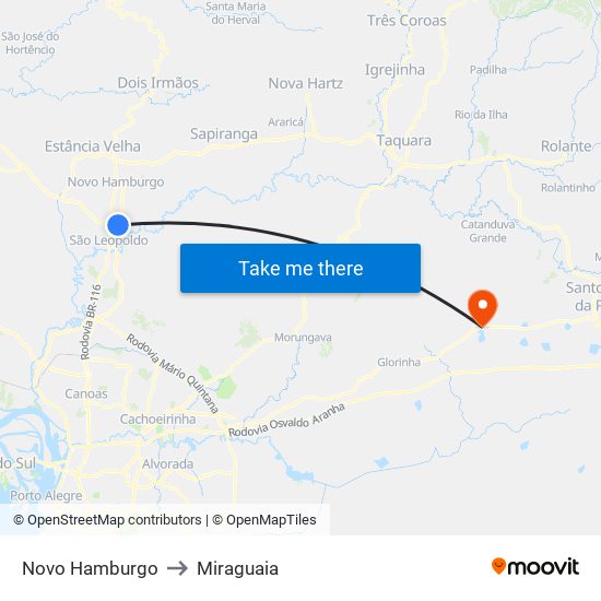Novo Hamburgo to Miraguaia map