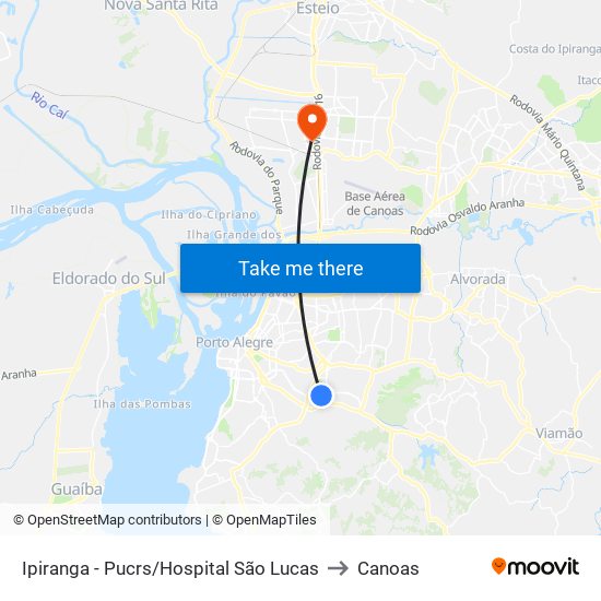 Ipiranga - Pucrs/Hospital São Lucas to Canoas map