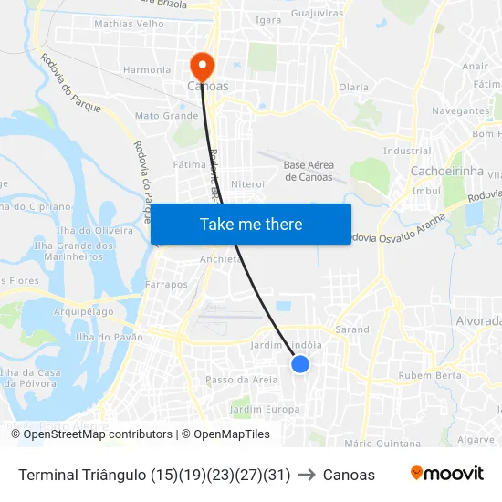 Terminal Triângulo (15)(19)(23)(27)(31) to Canoas map