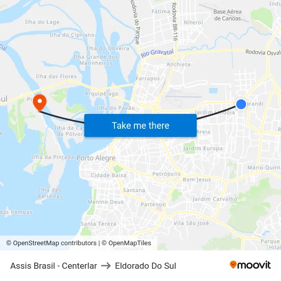 Assis Brasil - Centerlar to Eldorado Do Sul map