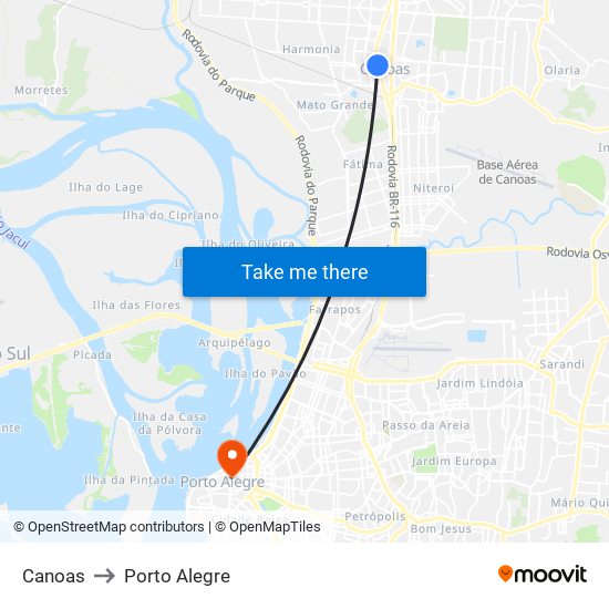 Canoas to Porto Alegre map