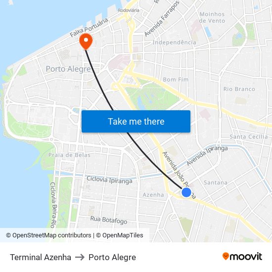 Terminal Azenha to Porto Alegre map