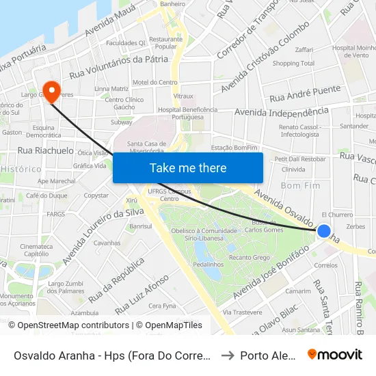 Osvaldo Aranha - Hps (Fora Do Corredor) to Porto Alegre map