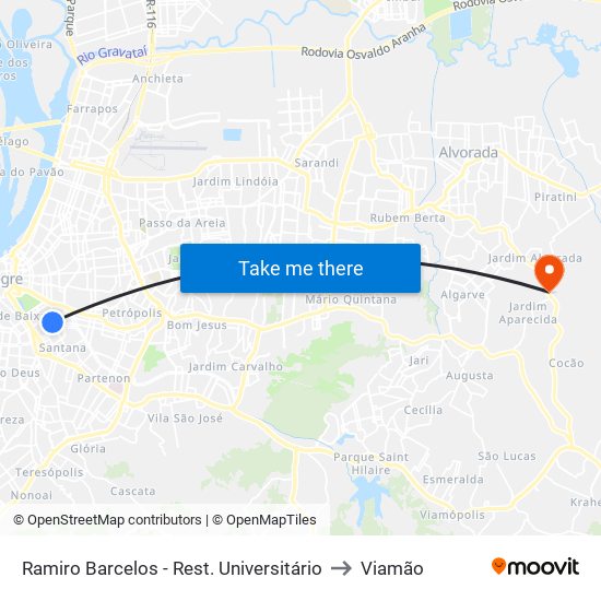 Ramiro Barcelos - Rest. Universitário to Viamão map