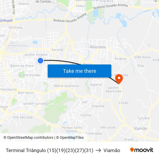 Terminal Triângulo (15)(19)(23)(27)(31) to Viamão map