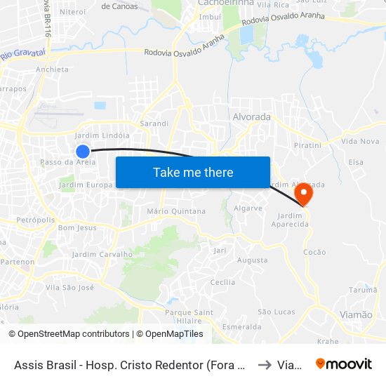 Assis Brasil - Hosp. Cristo Redentor (Fora Do Corredor) to Viamão map