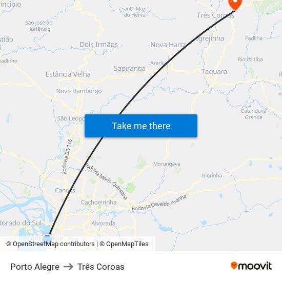 Porto Alegre to Três Coroas map