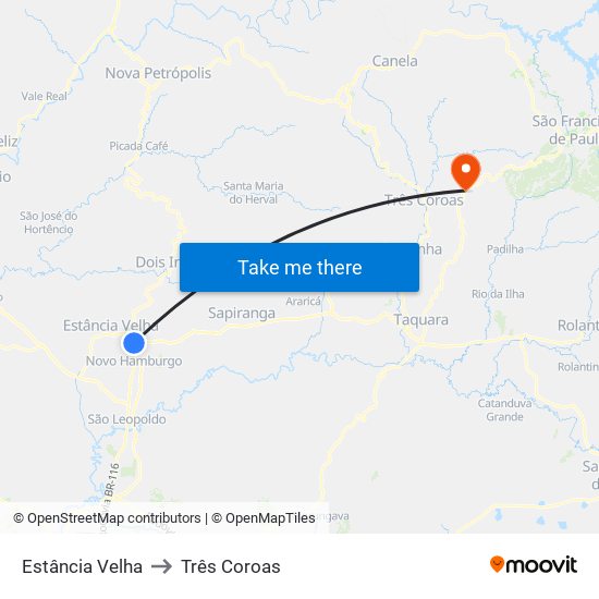 Estância Velha to Três Coroas map
