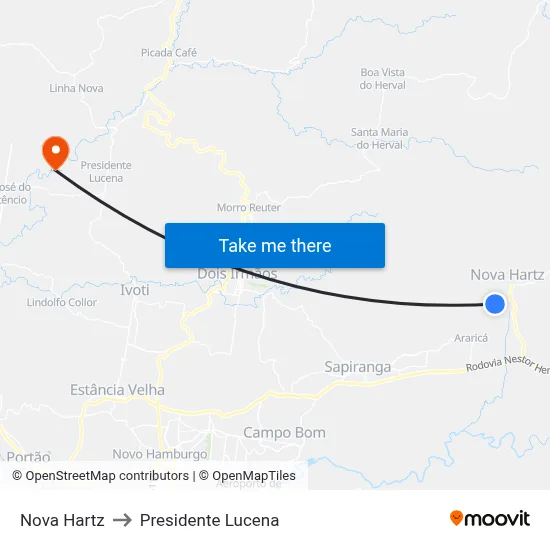 Nova Hartz to Presidente Lucena map