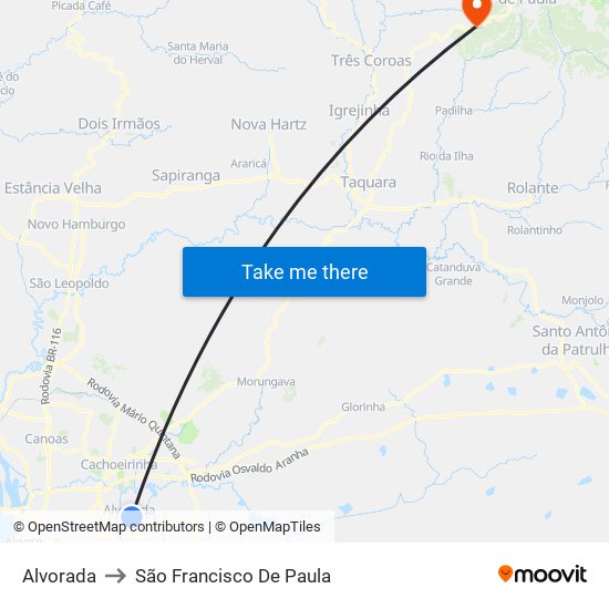 Alvorada to São Francisco De Paula map