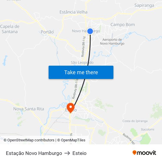 Estação Novo Hamburgo to Esteio map