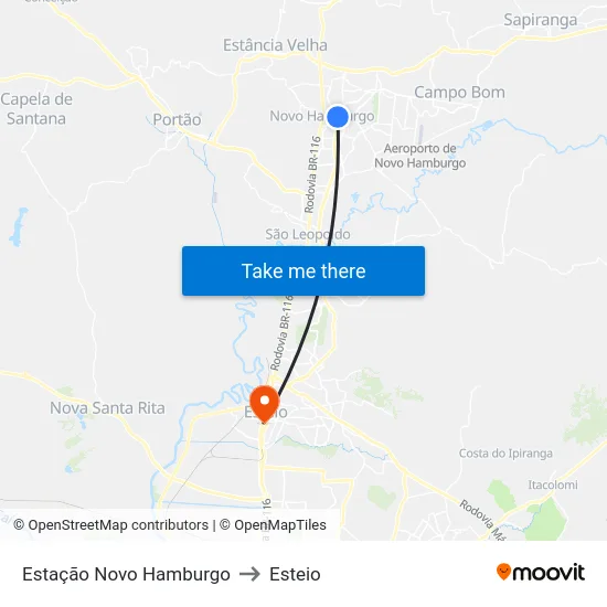 Estação Novo Hamburgo to Esteio map