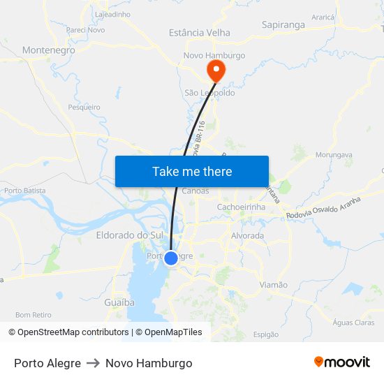 Porto Alegre to Novo Hamburgo map