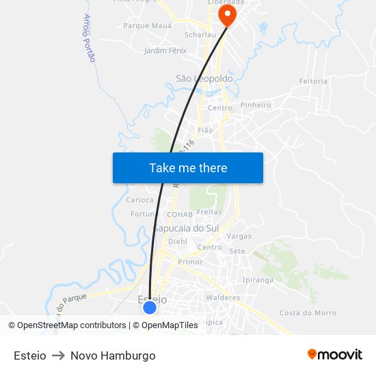 Esteio to Novo Hamburgo map