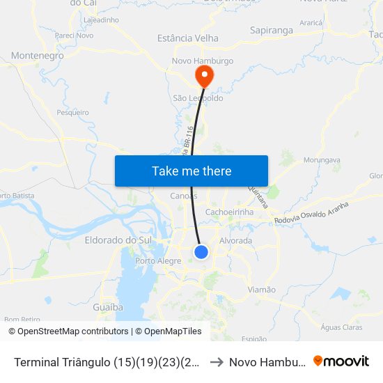 Terminal Triângulo (15)(19)(23)(27)(31) to Novo Hamburgo map