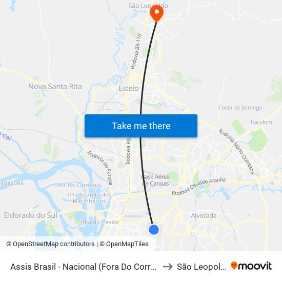 Assis Brasil - Nacional (Fora Do Corredor) to São Leopoldo map