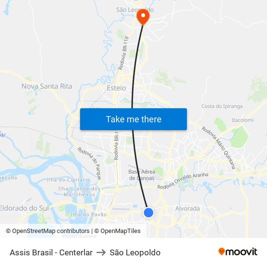Assis Brasil - Centerlar to São Leopoldo map