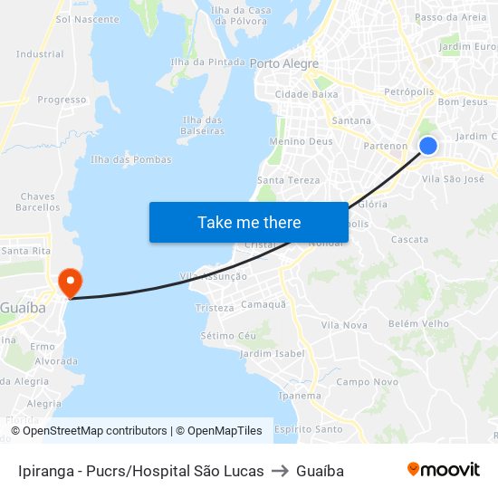 Ipiranga - Pucrs/Hospital São Lucas to Guaíba map