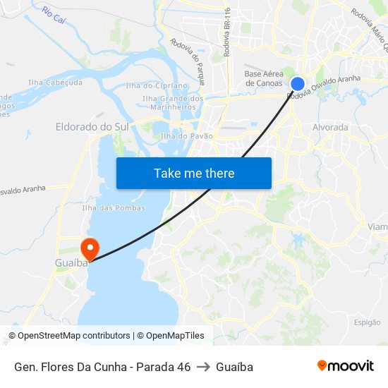 Gen. Flores Da Cunha - Parada 46 to Guaíba map