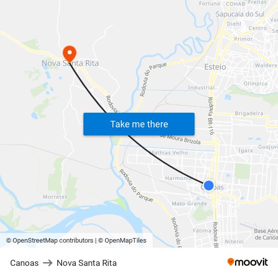 Canoas to Nova Santa Rita map