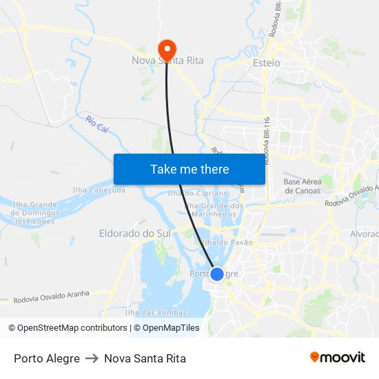 Porto Alegre to Nova Santa Rita map