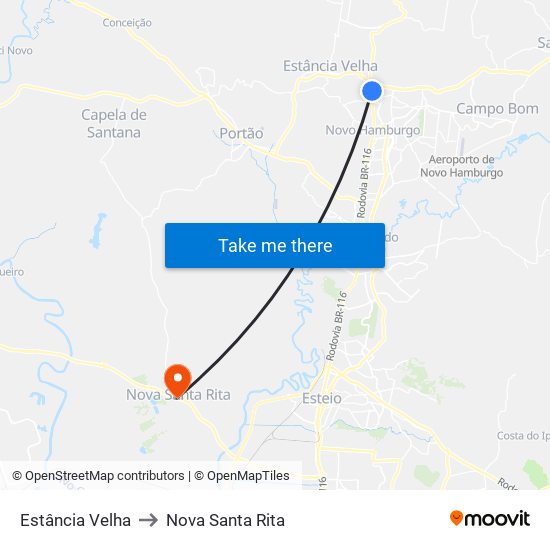 Estância Velha to Nova Santa Rita map