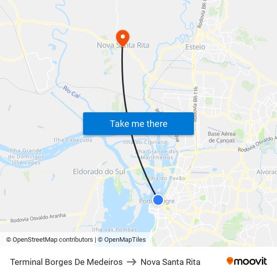 Terminal Borges De Medeiros to Nova Santa Rita map