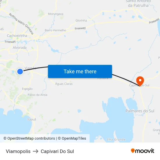 Viamopolis to Capivari Do Sul map