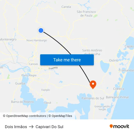 Dois Irmãos to Capivari Do Sul map